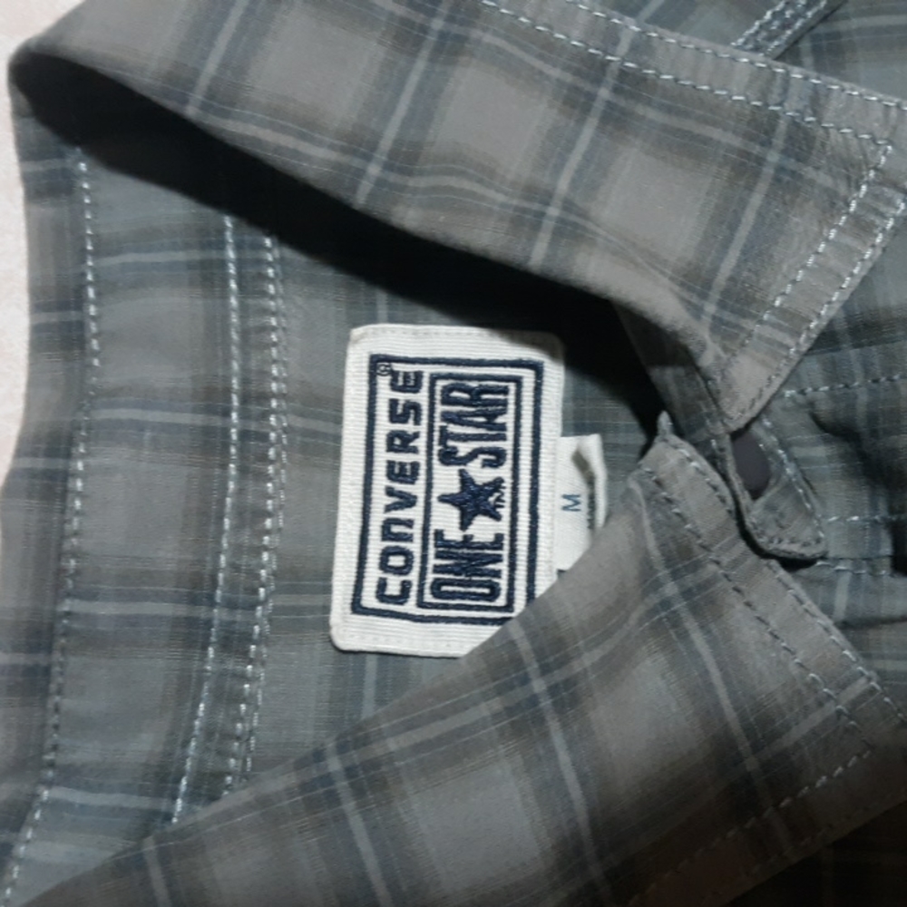 Converse One Star Collared Plaid Short Sleeve Grey Mens Shirt Sz M #030 - Picture 2 of 3